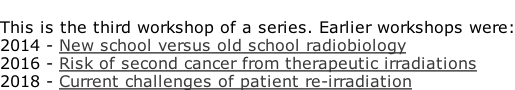 This is the third workshop of a series. Earlier workshops were: 2014 - New school versus old school radiobiology 2016 - Risk of second cancer from therapeutic irradiations 2018 - Current challenges of patient re-irradiation